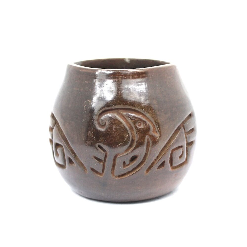 Mexican Vintage Folk Art DARK BROWN ON BROWN POLISHED CARVED DESIGN Pottery Vase
